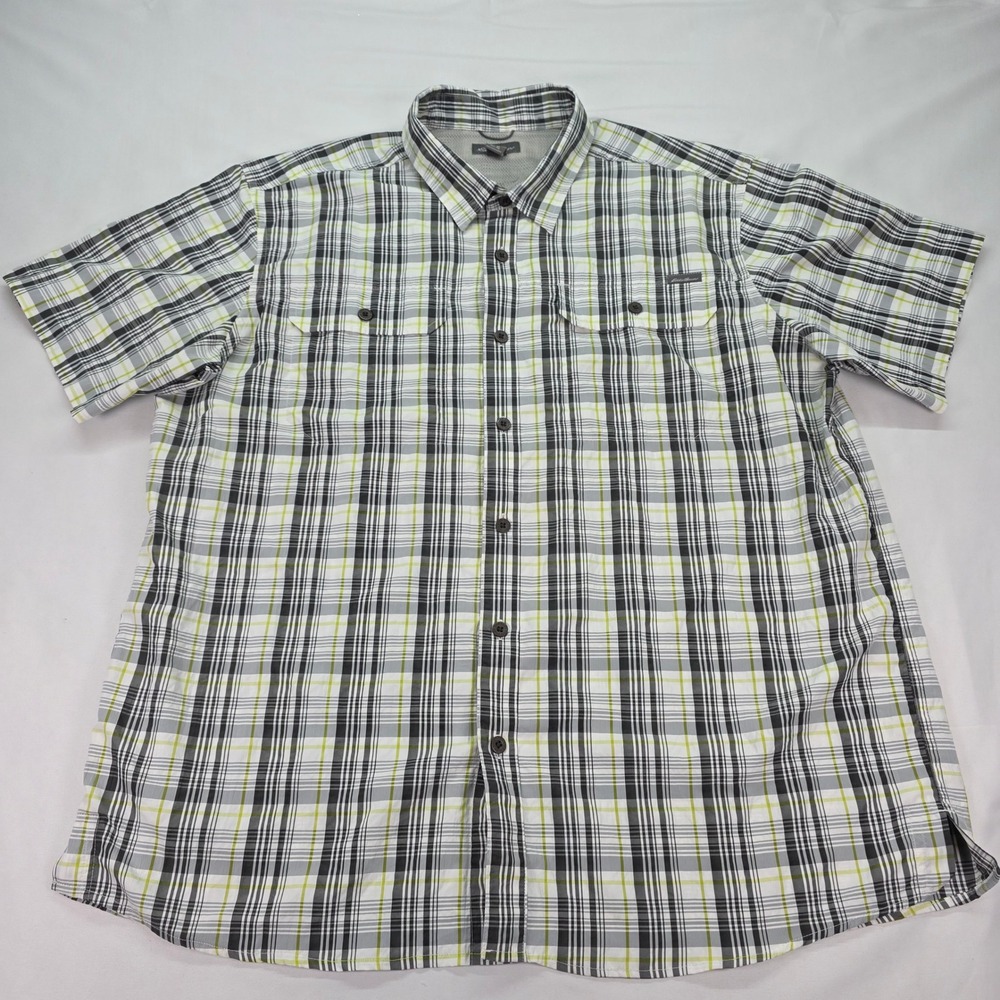 Eddie Bauer Mens XL Plaid Short Sleeve Button Down Shirt Hiking Grey Green‎